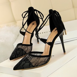 1627-6 European and American Style Sexy High Heels Slim Heels High Heels Shallow Notched Mesh Lace Cross Cut Sandals