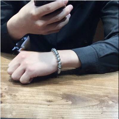 Simple Hair Stylist Street Bar DJ Nightclub Hip Hop Transfer Pearl Chain Handmade String Round Bead Titanium Steel Bracelet for Men and Women