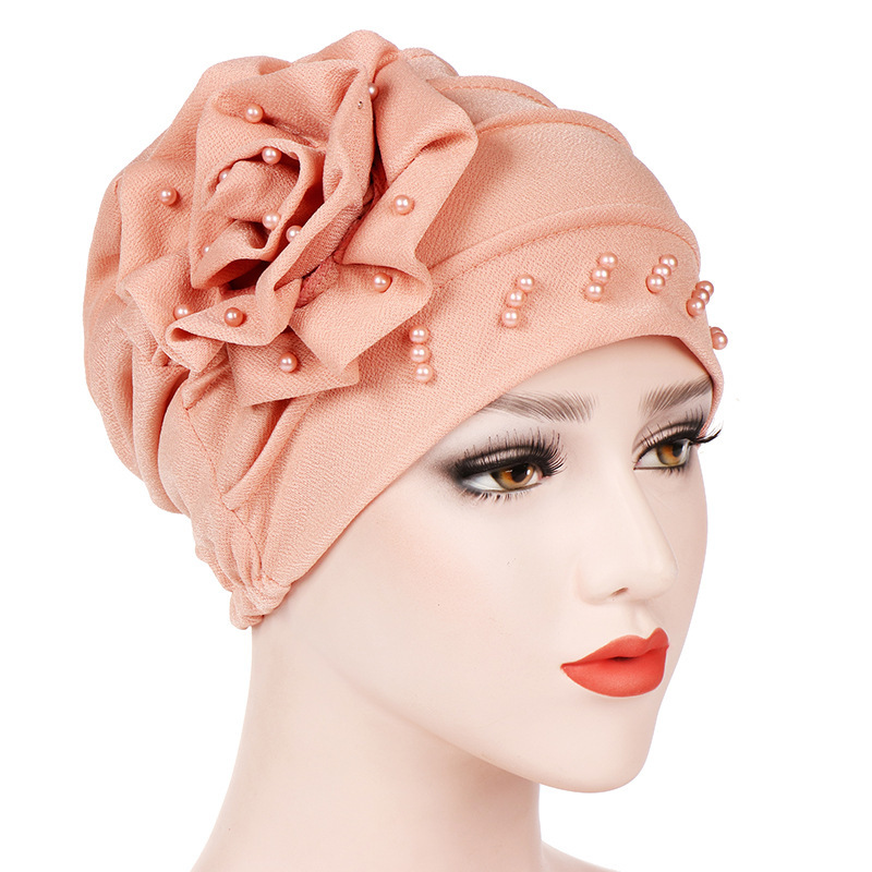 Aliexpress New Style Side Floral Beaded Solid Color Large Flower Headscarf Hat Postpartum Hat Head Wrap Hat