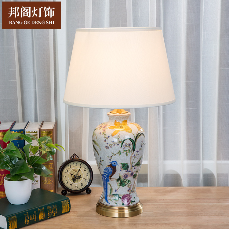 批发美式创意手绘台灯美式陶瓷LED暖光布艺装饰台灯一件代发