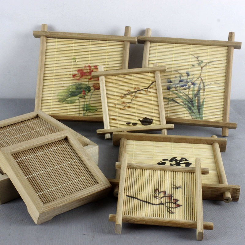 Bamboo coaster tea mat (bamboo), Japanese well‑style printed designs, multiple sizes