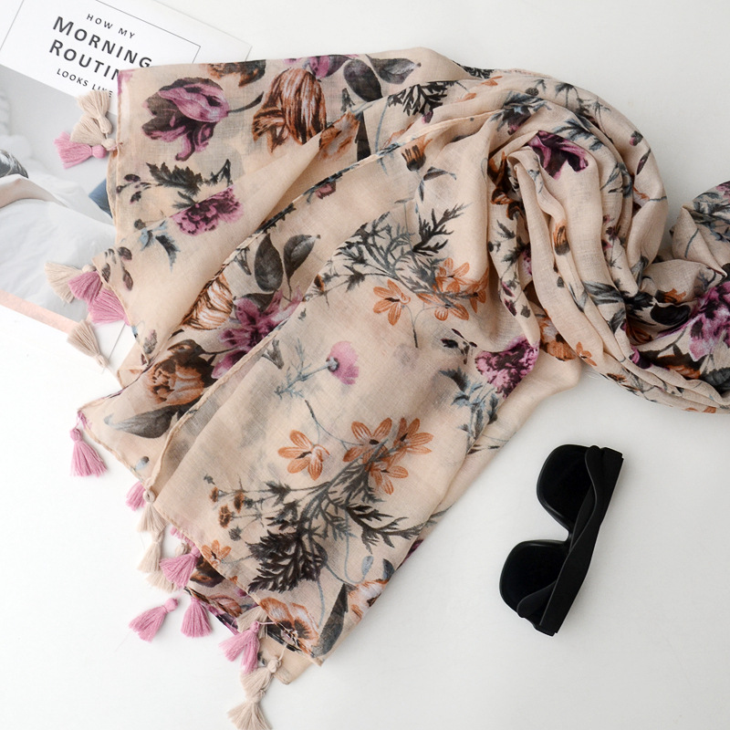 Nueva primavera y verano Comercio exterior Exportación bufanda japonesa Mori chica estilo artístico impreso algodón y lino bufanda pequeña bufanda larga fresca para las mujeres