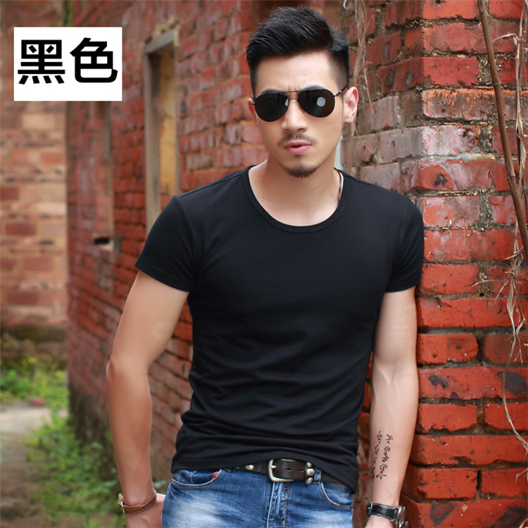 Camiseta de manga corta de los hombres cuello redondo Camiseta blanca pura Slim color sólido abajo media manga ropa de hombre de verano al por mayor