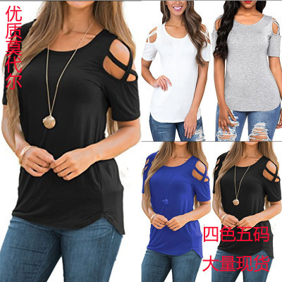 Amazon 2025 Spring and Summer New European and American Cross-Strap Off-Shoulder Short-Sleeved Round Neck Slim Women's T-Shirt Amazon 2025 Spring and Summer New European and American Cross-Strap Off-Shoulder Short-Sleeved Round Neck Slim Women's T-Shirt