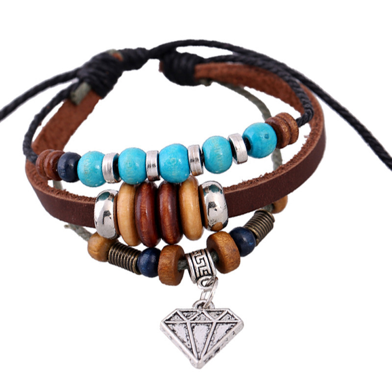 Factory Direct Sale Multi-Layered Leather Beaded Bracelet, Vintage Turquoise Wood Bead Diamond Pendant Leather Cord Bracelet, Export Goods