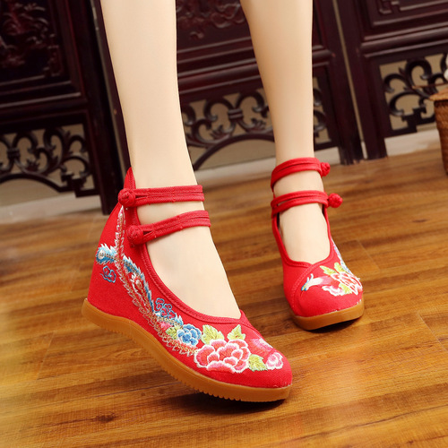 Hibiscus flower, Xinyue Yueqin, Phoenix tail peony, ethnic style double-button canvas inner height increasing women's shoes, bridal high heels