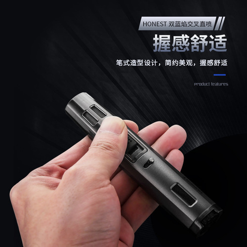 Baicheng written test cross double straight blue fire inflatable cigar moxibustion lighter metal locking fire small spray gun wholesale