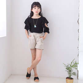 新款女童韩版个性时尚T恤黑色特色袖子亲子上衣素色中大童批发