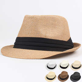 男士草帽夏季新款帽子欧美爵士帽三折带情侣沙滩遮阳草帽批发