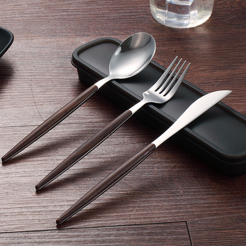 Hotel 304 stainless steel western food tableware set, imitation wood steak knife and fork three-piece set, dessert fork and spoon