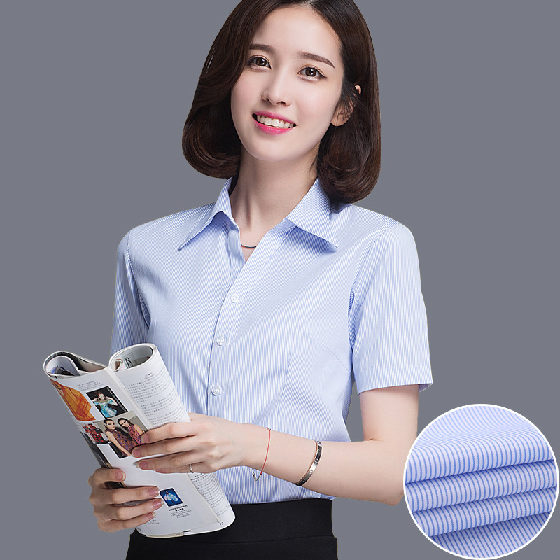 Summer Women's Short-Sleeved Business Shirt with White Background and Blue Stripess, Slimming Look and Iron-Free Business Attire, V Neck Slim Work Shirt
