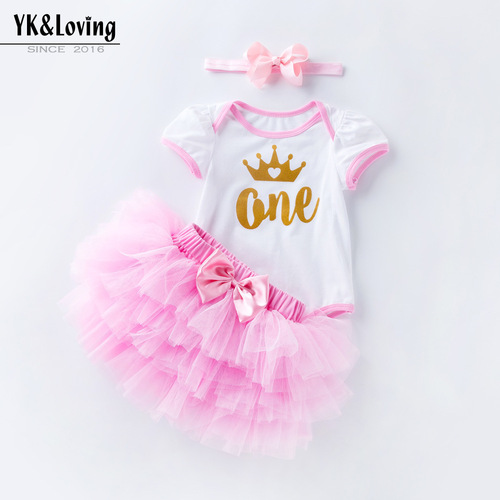 Baby and Toddler Western and European Style Short Sleeve Bodysuit and Half-Skirt 3-Piece Set, Net Dress Princess Suit for Crawling