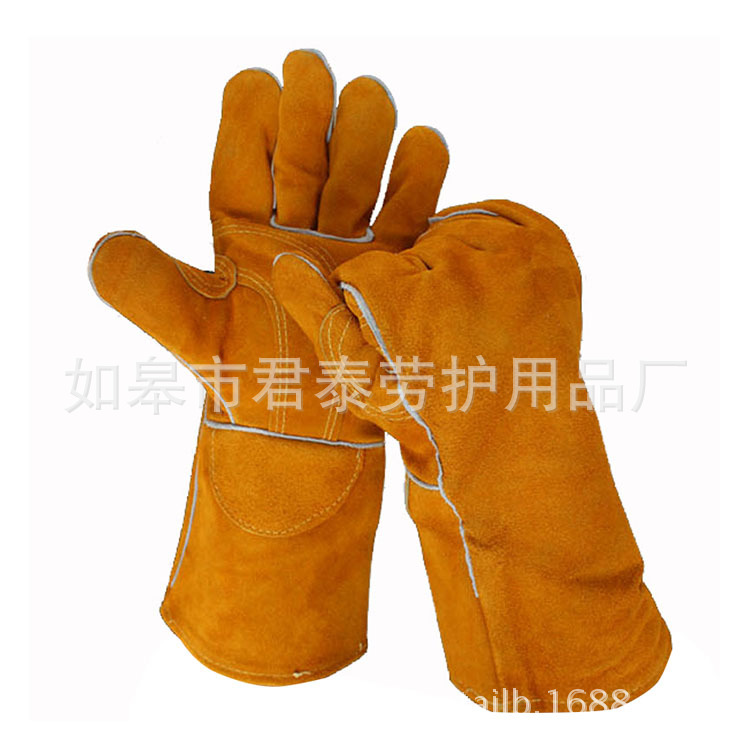 工厂直销安全高质牛皮革焊接耐高温工作劳保隔热14寸牛皮电焊手套
