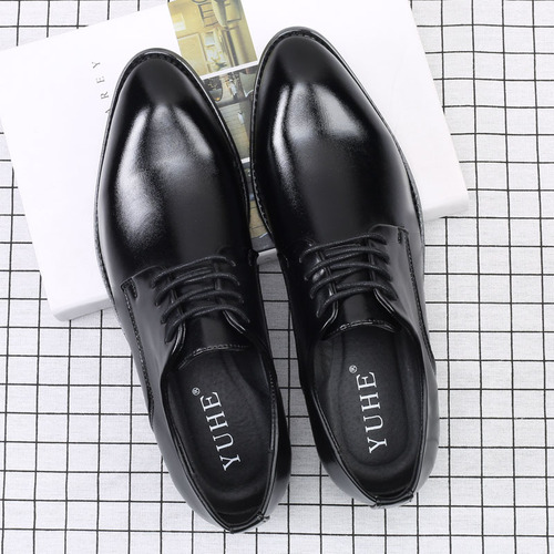 Korean Trend Leather Shoes for Men, Business Formal, Pointed Toe, Lace-up, Wedding Shoes, Youth, British Style, Insole Lift, Casual Shoes