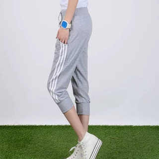 棉质哈纶裤女夏季侧白杠运动休闲裤大码高腰七分裤外穿卫裤女裤子