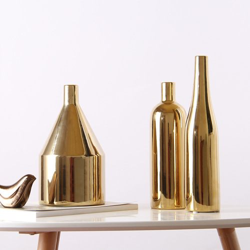 Nordic ins gold electroplating handicrafts ceramic vases model room home decoration ornaments three-piece set wholesale