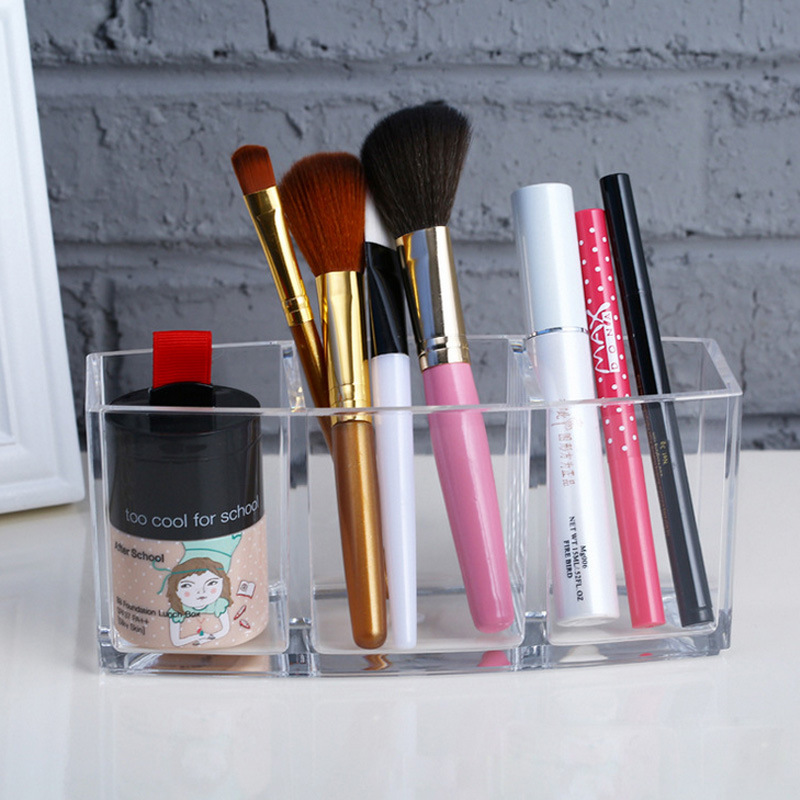 透明化妆刷具置物筒亚克力眉笔梳子整理盒三格刷筒桌面收纳盒笔筒