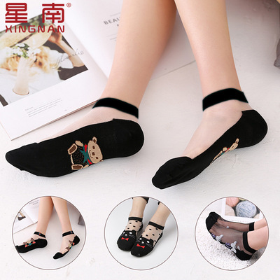 春夏薄款性感水晶絲襪加棉底防脫絲卡通透明玻璃絲女襪短廠家貨源