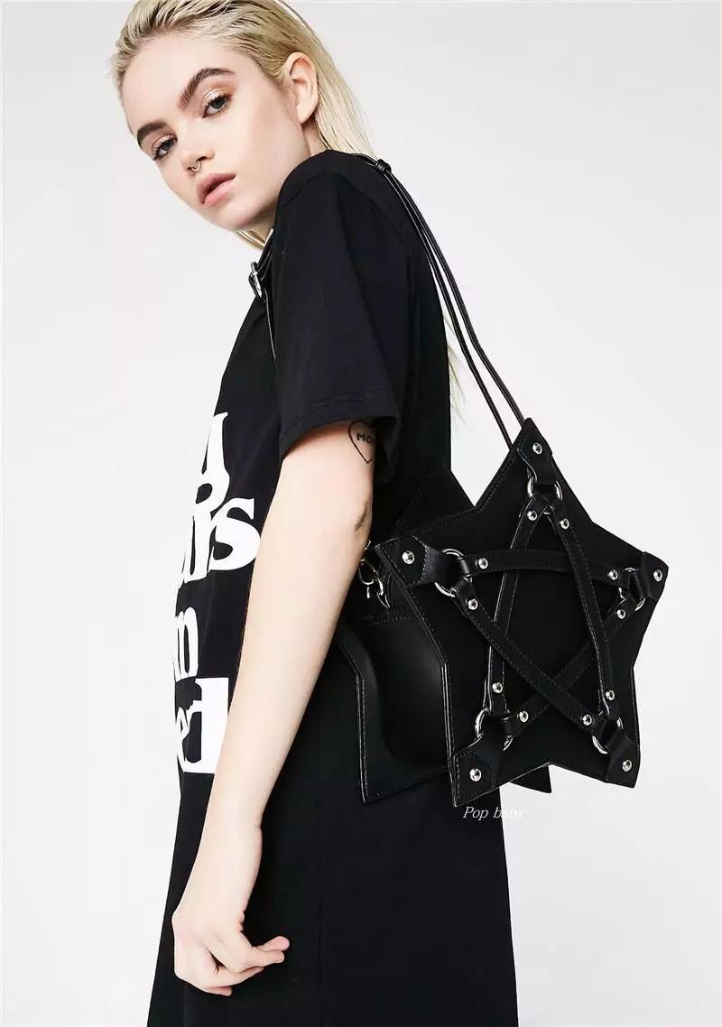 En stock oscuro estilo Harajuku pentagrama bolsa Correa pu hombro bolsa nicho fresco chica de gran capacidad bolsa de mensajero