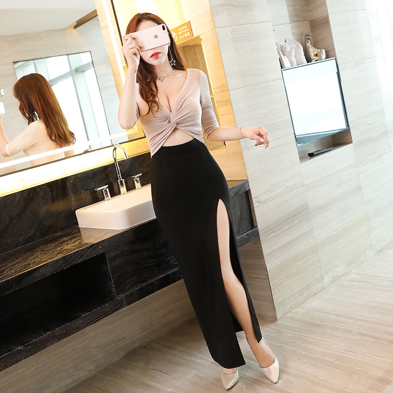 性感低胸收腰气质坠地女长裙 夜店酒吧深v开叉拖地连衣裙宴会礼服