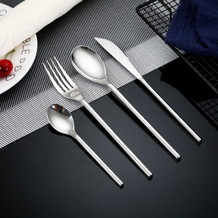 Mingrui SUS304 Stainless Steel Knife, Fork and Spoon Four-piece Solid Cylindrical Tableware suit Steak Knife, Fork and Coffee Spoon