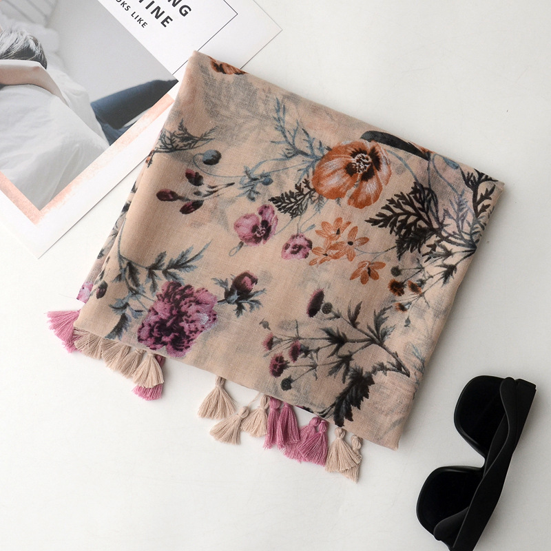 Nueva primavera y verano Comercio exterior Exportación bufanda japonesa Mori chica estilo artístico impreso algodón y lino bufanda pequeña bufanda larga fresca para las mujeres