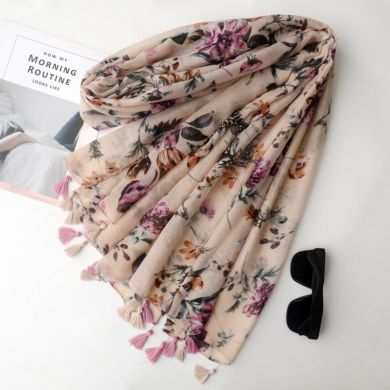 Nueva primavera y verano Comercio exterior Exportación bufanda japonesa Mori chica estilo artístico impreso algodón y lino bufanda pequeña bufanda larga fresca para las mujeres
