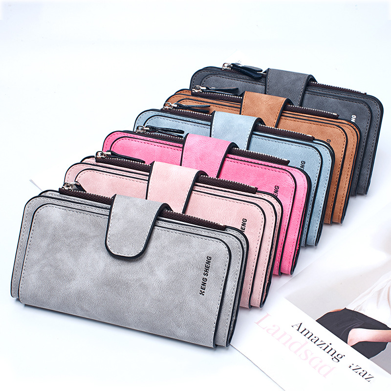 Nueva Cartera de mujer estilo coreano hebilla grande tres veces moda bolso de mujer multi-Tarjeta Cartera de mujer esmerilada tela de dos colores