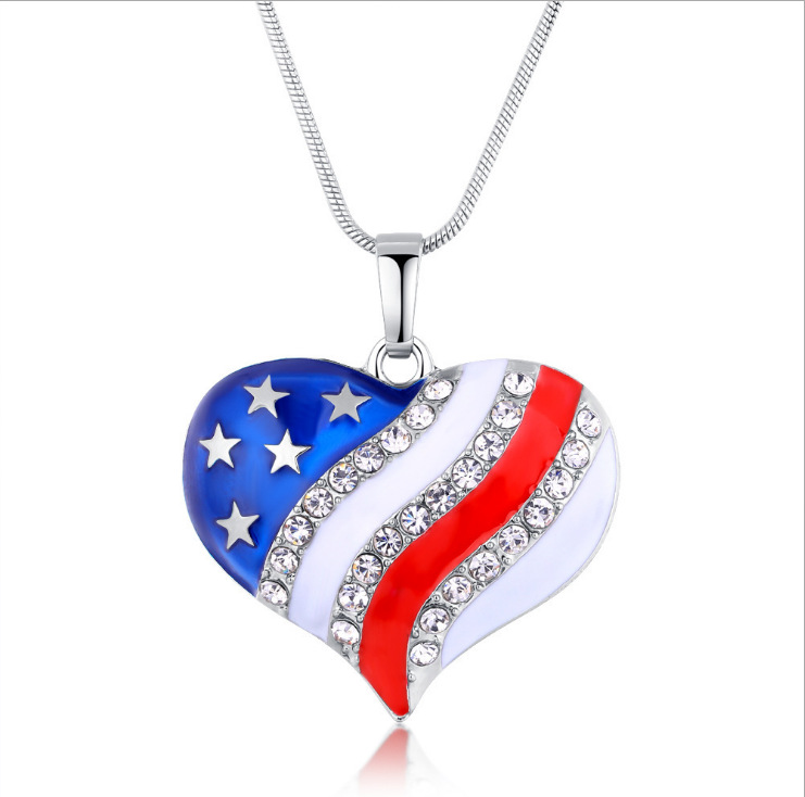 Cross-border New Color Heart-shaped American Flag Peach Heart Pendant Necklace Women Fashion Fashion Necklace Foreign Trade ebay