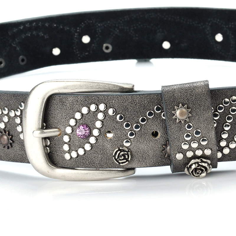 Women’s Fashion Metal Stud Belt, Retro Stone Inlay, 110 cm, Casual Jeans Accessory