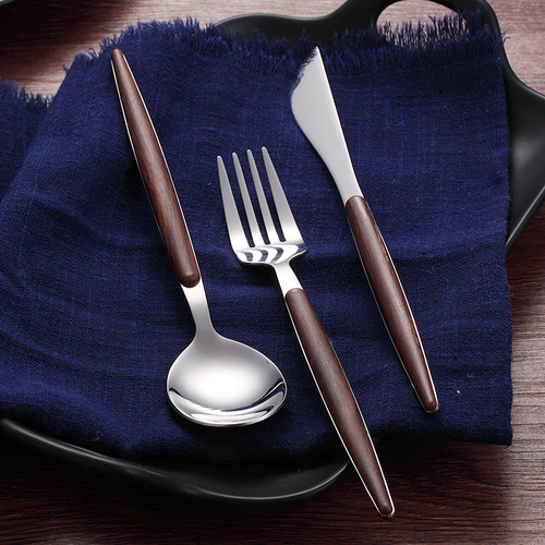 Hotel 304 stainless steel western food tableware set, imitation wood steak knife and fork three-piece set, dessert fork and spoon