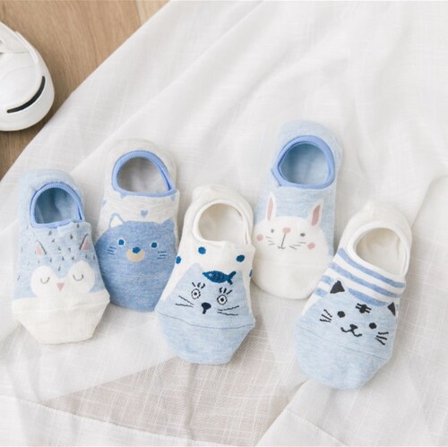 Summer and Autumn New Cotton Socks Cartoon Short Socks for Girls Blue Boat Socks for Women Invisible Catbus Silicone Non-slip Factory Wholesale