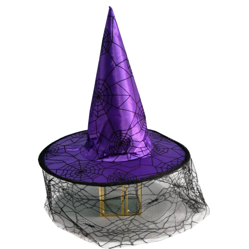 Sombrero de Halloween niños adultos baile fiesta sombrero puntiagudo flocado tela de araña velo de encaje sombrero de bruja
