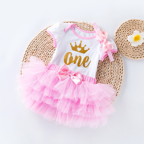 Baby and Toddler Western and European Style Short Sleeve Bodysuit and Half-Skirt 3-Piece Set, Net Dress Princess Suit for Crawling
