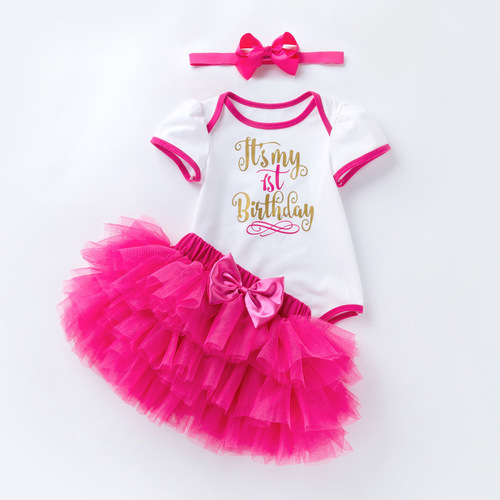 Baby and Toddler Western and European Style Short Sleeve Bodysuit and Half-Skirt 3-Piece Set, Net Dress Princess Suit for Crawling