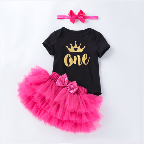 Baby and Toddler Western and European Style Short Sleeve Bodysuit and Half-Skirt 3-Piece Set, Net Dress Princess Suit for Crawling