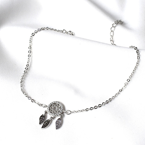 s925 sterling silver Korean CHIC dream catcher anklet, simple and elegant women's full diamond leaf foot ornament fashion jewelry
