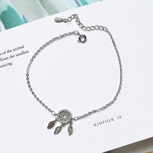 s925 sterling silver Korean CHIC dream catcher anklet, simple and elegant women's full diamond leaf foot ornament fashion jewelry