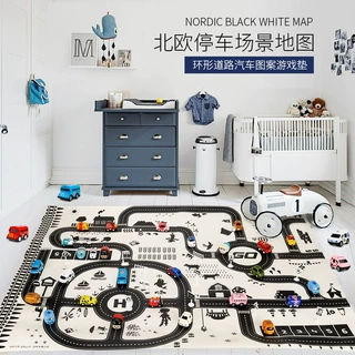 定制跨境玩具ins北欧黑白130*100儿童交通停车场地图汽车游戏垫
