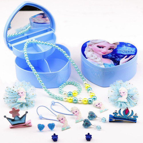 Girl Jewelry Set Elsa Princess Necklace Ring Girls Accessories Gift Box Children Necklace Hair Accessories Jewelry