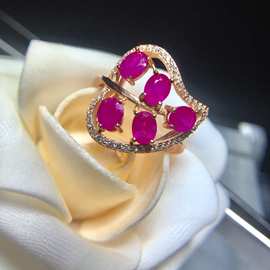 彩宝首饰天然红宝石925银树叶戒指活口设计个性时尚简约欧美跨境
