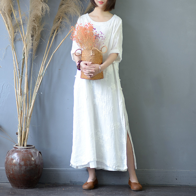 White Cotton and Linen Embroidered Split Long Modified Cheongsam Women's Spring and Summer Cotton and Linen Women's Clothing Chinese Style dress S597