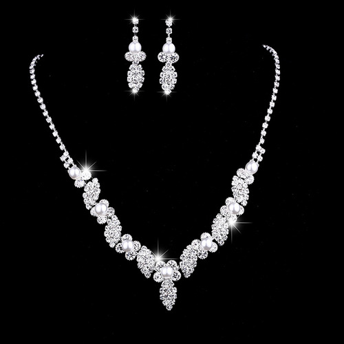 Cross-border jewelry wholesale bridal wedding necklace pearl water diamond earrings chain set jewelry supply