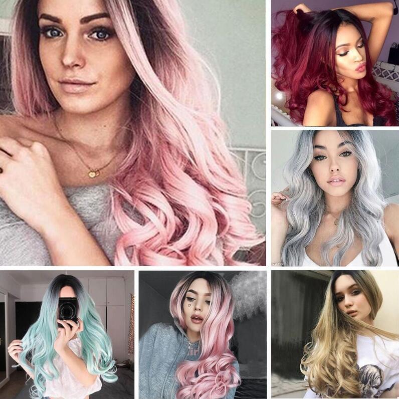 Black Gradient Light Pink Large Wave Long Curly Hair Gradient Dyeing Whole Wig Headgear European and American Foreign Trade Fake