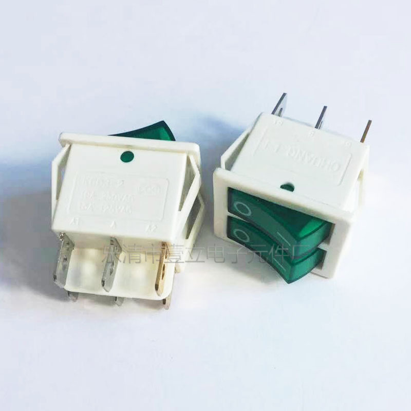 船型开关KCD3双联6脚2档带绿灯30*21mm船型开关翘板开关