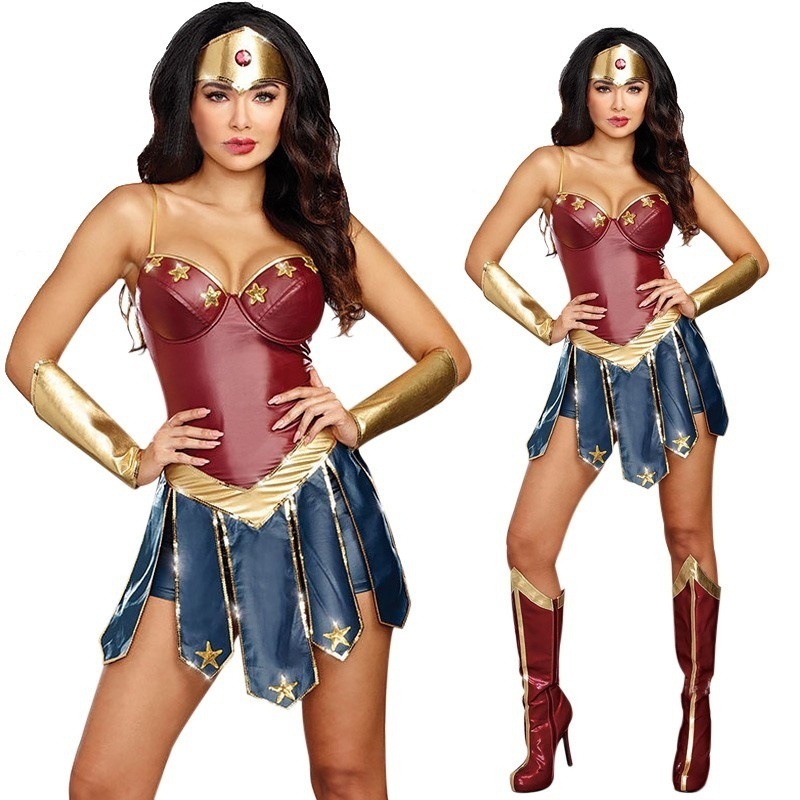 Rendimiento de Halloween traje Cosplay adulto cos Wonder Woman etapa ropa sexy cuero en stock