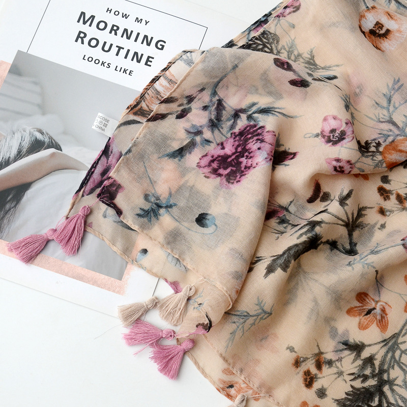 Nueva primavera y verano Comercio exterior Exportación bufanda japonesa Mori chica estilo artístico impreso algodón y lino bufanda pequeña bufanda larga fresca para las mujeres