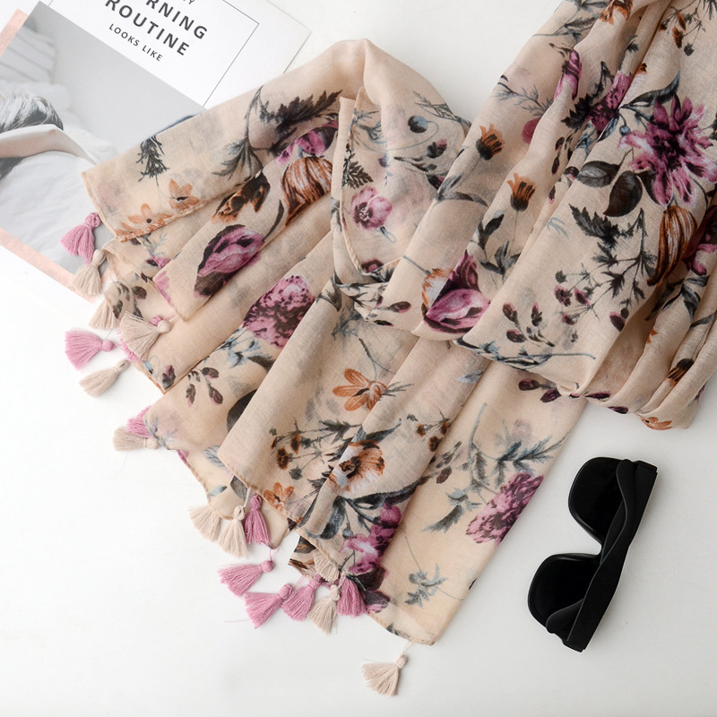 Nueva primavera y verano Comercio exterior Exportación bufanda japonesa Mori chica estilo artístico impreso algodón y lino bufanda pequeña bufanda larga fresca para las mujeres