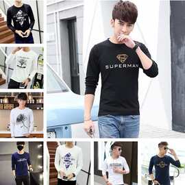 批发秋季男士长袖T恤 男式印花体恤学生的衣服潮流上衣休闲男装