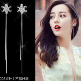 s925气质长款吊坠女个性简约潮人耳钉雪花流苏耳线 厂家批